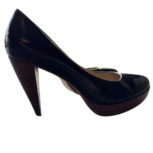 ZALINI Black Patent Leather Wood Platform Cone Heel Pumps Round Toe 051-501 40